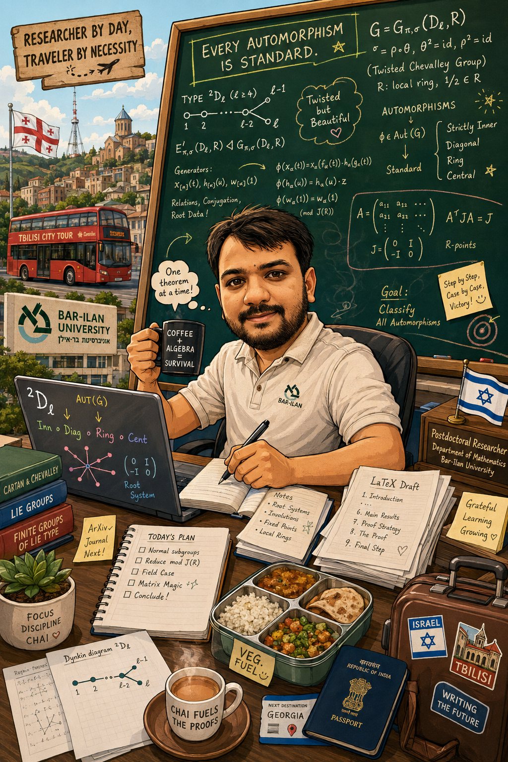 An AI-generated illustration of Deep at his desk, in front of a blackboard covered in twisted Chevalley group theory